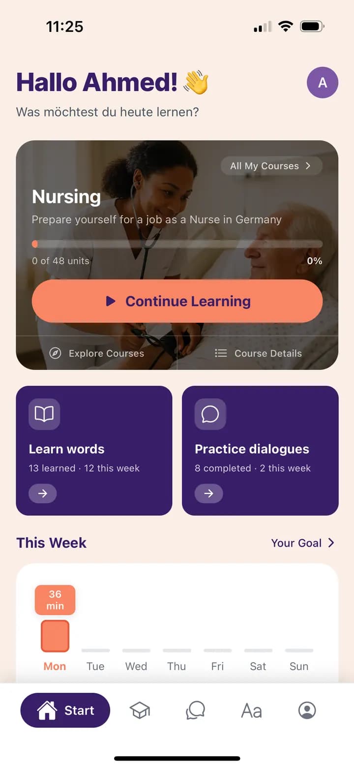 Fluedy App-Screenshot mit Deutsch-Lernoberfläche