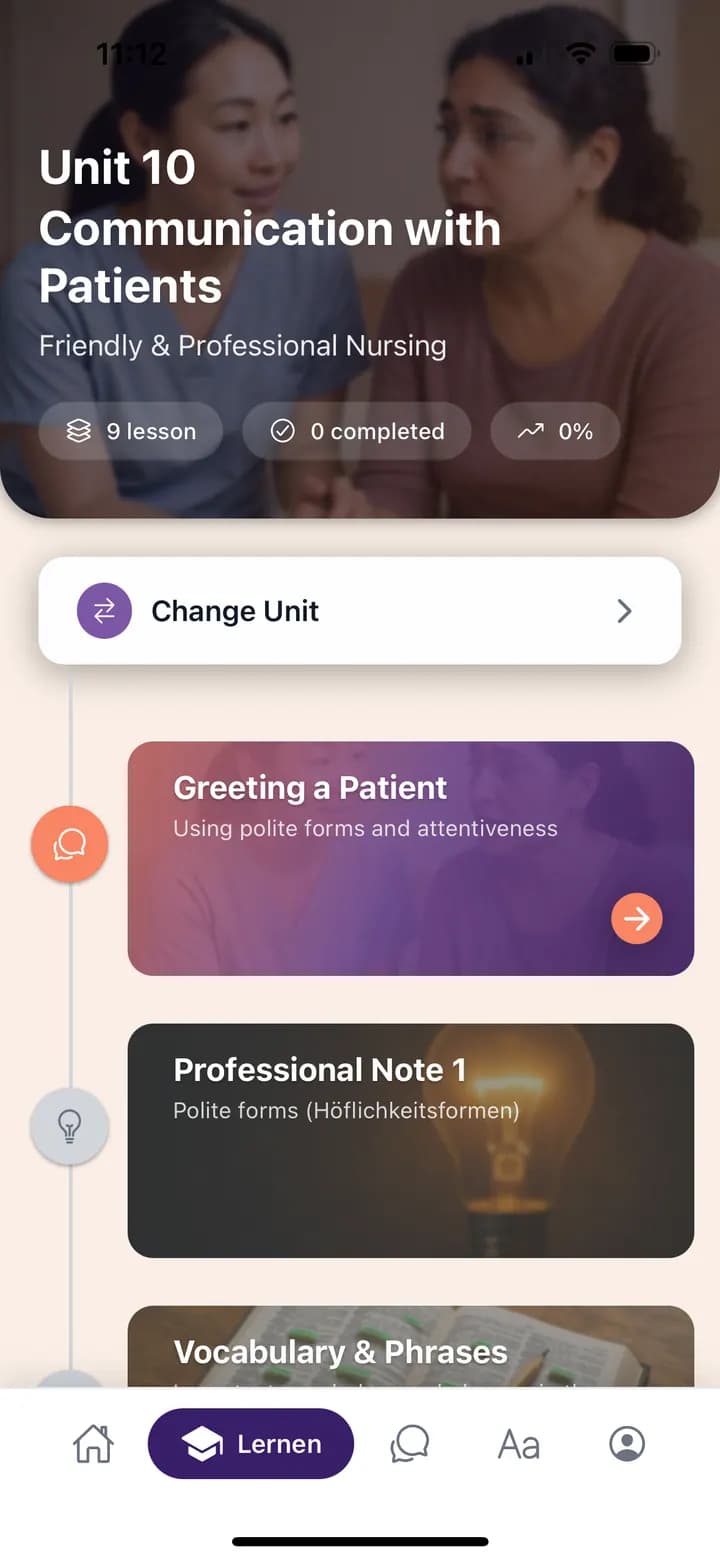 Fluedy-App: Lektionsansicht für Deutsch für Pflege