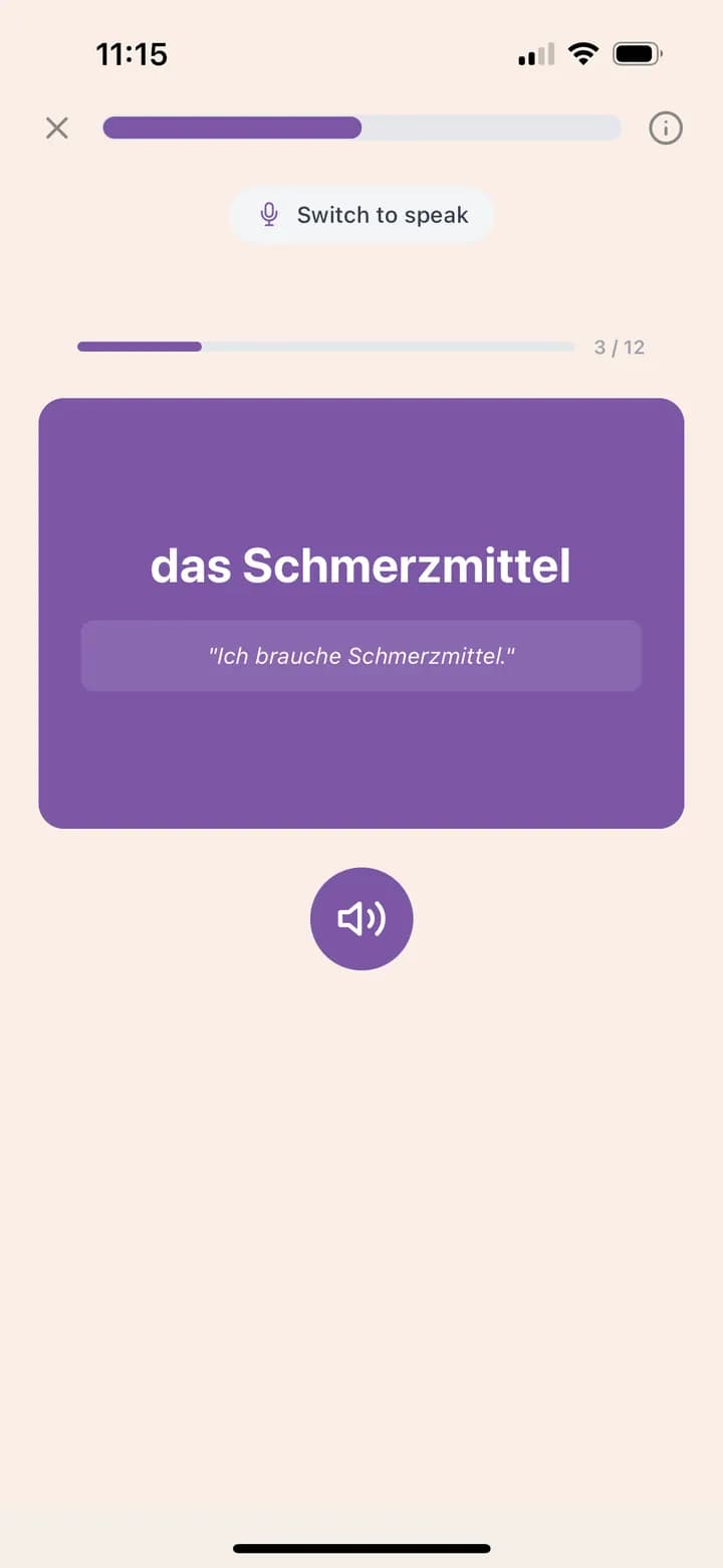 Fluedy-App: Lektionsansicht für Deutsch für Physiotherapie